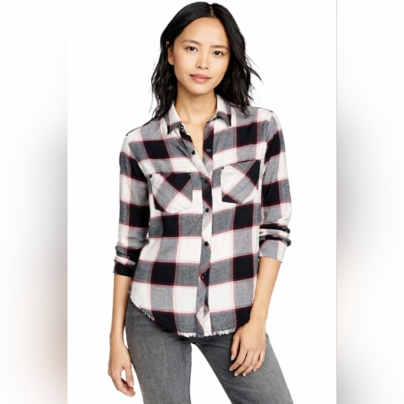 Rails | Leo White Midnight Magenta Frayed Hem Snap Button Flannel Shirt, Size L - Picture 3 of 10